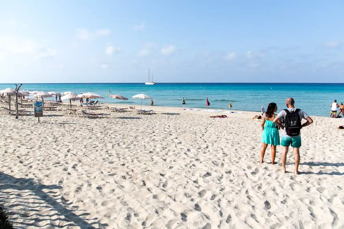 Platja àmplia de sorra blanca d’es Arenals, a Formentera, amb files de para-sols i gandules, banderes a la vora i un veler a l’horitzó